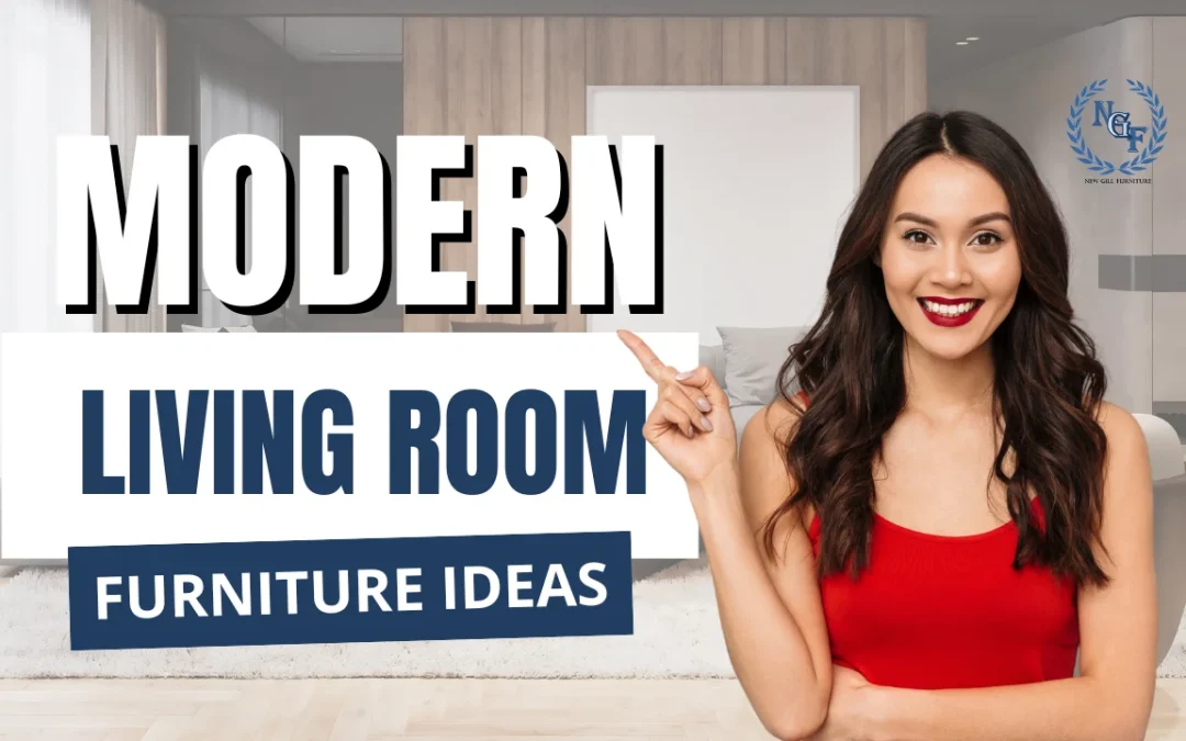 Modern living room furniture ideas banner with stylish interior and woman pointing, designed by New Gill Furniture Etobicoke.