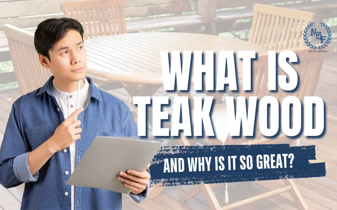 Man holding tablet in front of teak wood furniture background explaining what is teak wood and why is it so great by New Gill Furniture Etobicoke.