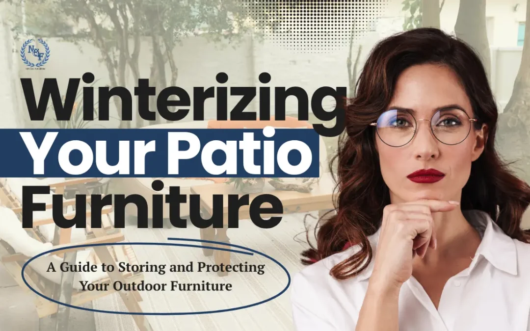 Woman with outdoor patio furniture background explaining winterizing your patio furniture and protecting it by New Gill Furniture Etobicoke.