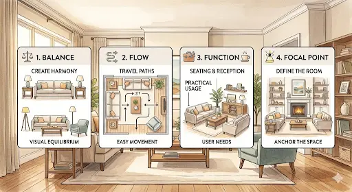 Illustration explaining what are the four rules in furniture arrangement with balance, flow, function, and focal point by New Gill Furniture Etobicoke.