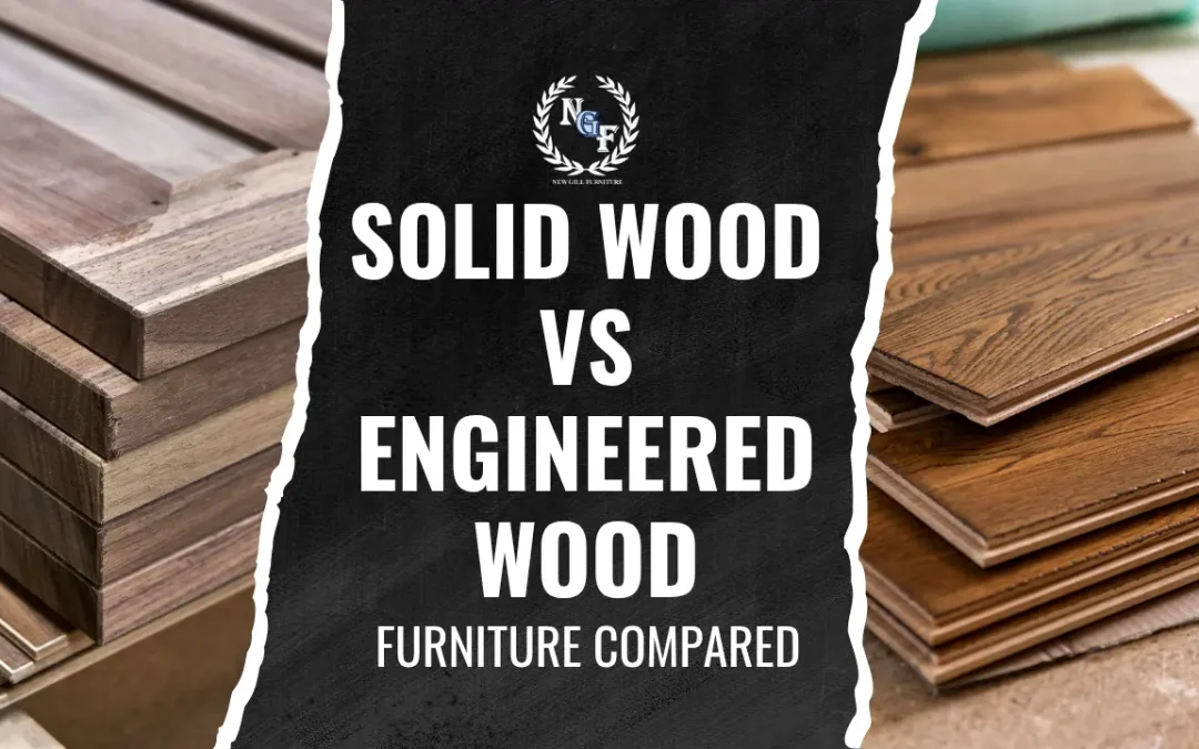 New Gill Furniture Etobicoke graphic comparing stacks of solid wood and engineered wood panels with the text Solid Wood vs Engineered Wood Furniture Compared.