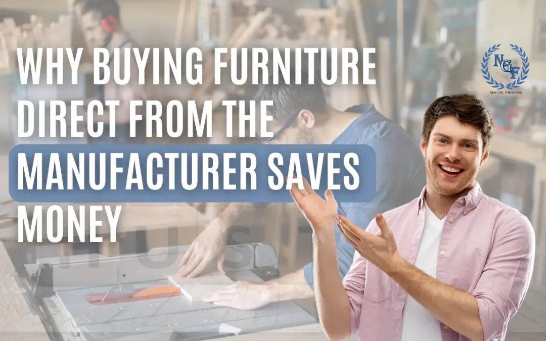 New Gill Furniture Etobicoke graphic showing a smiling presenter in a furniture workshop with the text Why Buying Furniture Direct From the Manufacturer Saves Money.