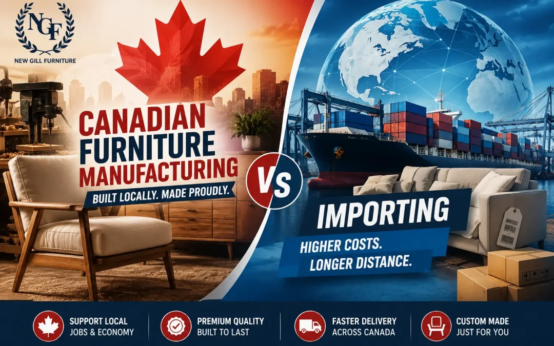 New Gill Furniture Etobicoke comparison graphic showing Canadian furniture manufacturing on one side and importing on the other, with the text Canadian Furniture Manufacturing vs Importing.