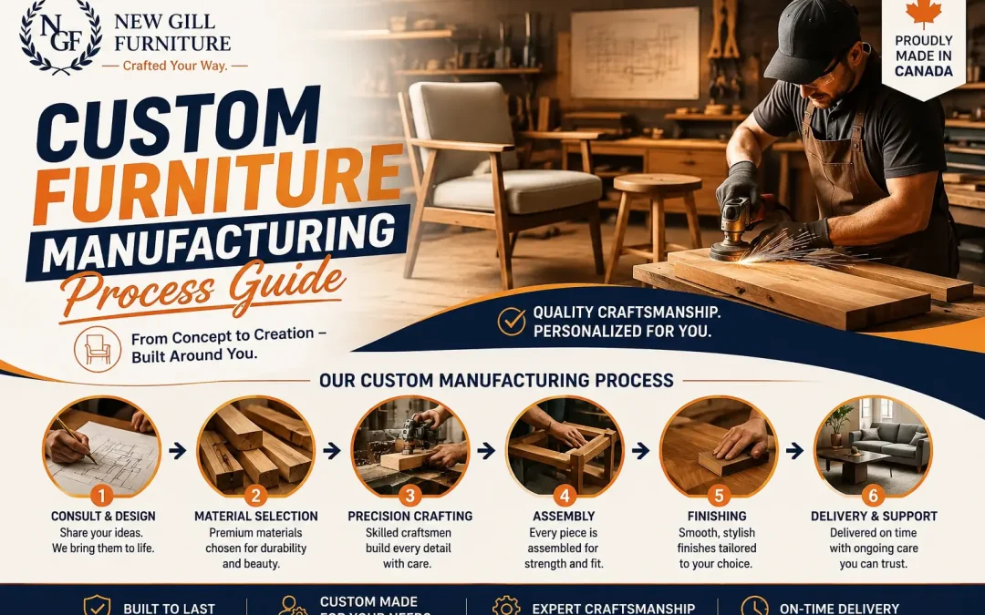 New Gill Furniture Etobicoke infographic showing a woodworker crafting furniture in a workshop with the title Custom Furniture Manufacturing Process Guide and step-by-step production stages.