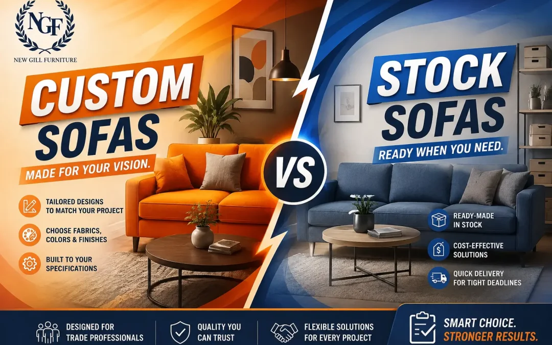 New Gill Furniture Etobicoke comparison graphic showing custom sofas and stock sofas side by side with the text Custom Sofas vs Stock Sofas for Trade Buyers.