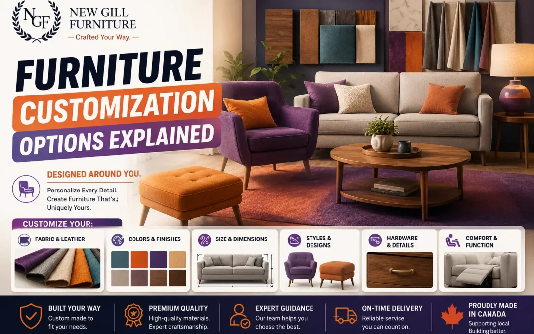 New Gill Furniture Etobicoke infographic showing a stylish living room with fabric swatches, finish samples, and the text Furniture Customization Options Explained.