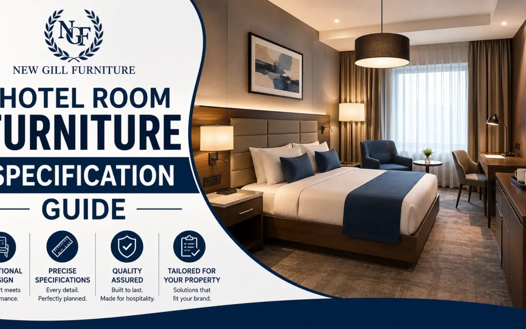 New Gill Furniture Etobicoke graphic showing a modern hotel bedroom interior with the text Hotel Room Furniture Specification Guide.