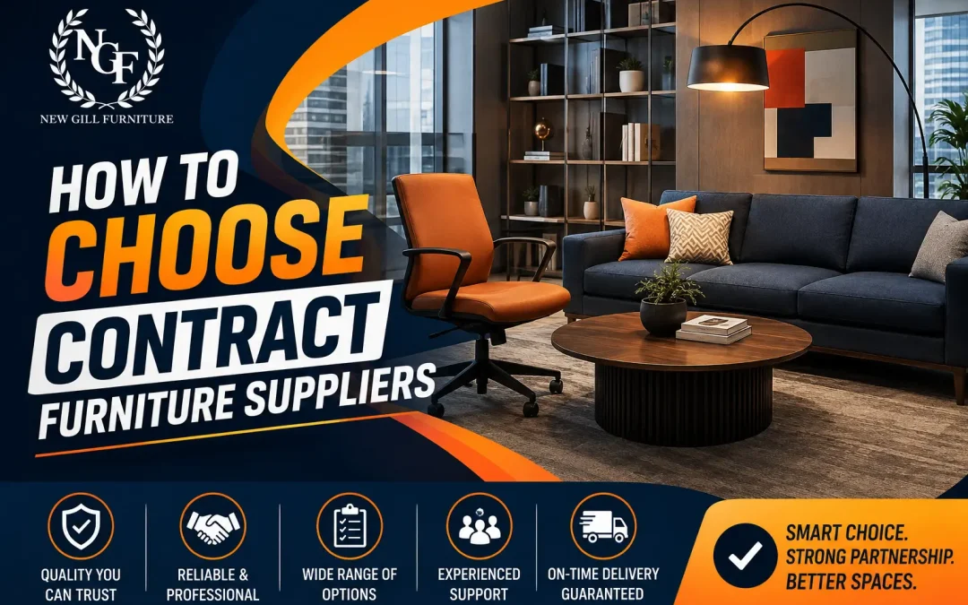 New Gill Furniture Etobicoke graphic showing a modern office-style furniture setup with the text How to Choose Contract Furniture Suppliers.