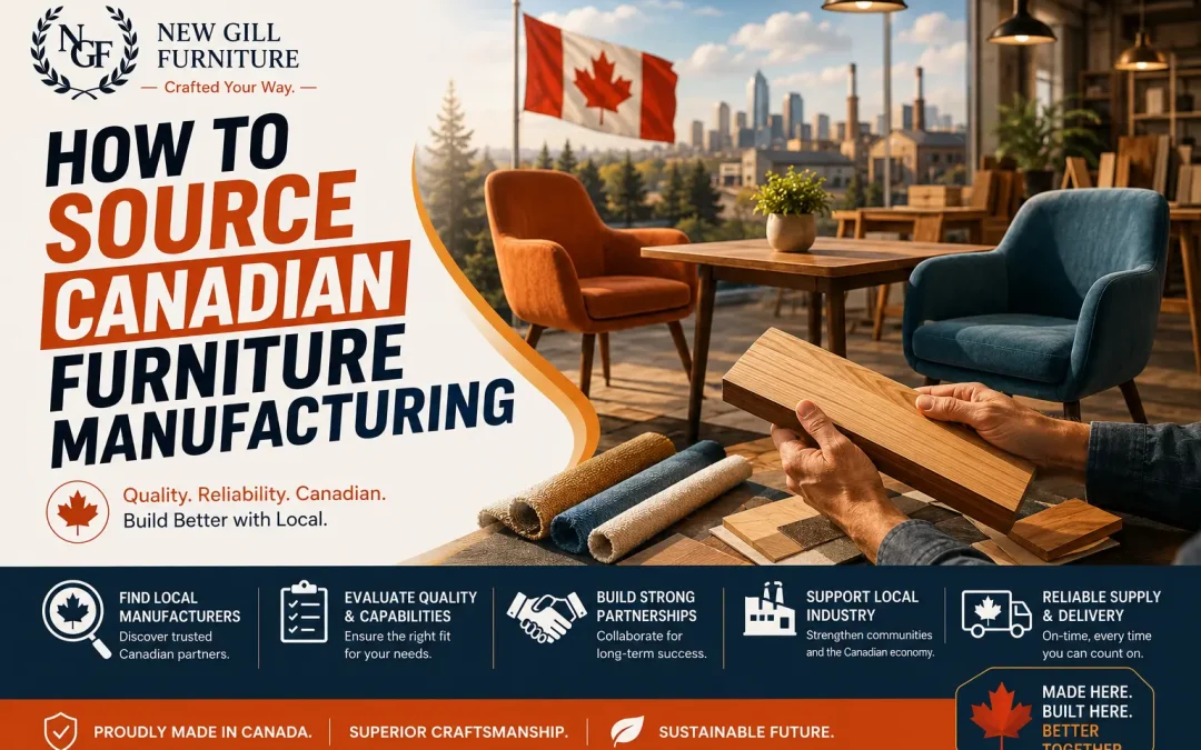 New Gill Furniture Etobicoke graphic showing Canadian furniture sourcing with wood and fabric samples, modern seating, a Canadian flag, and the text How to Source Canadian Furniture Manufacturing.