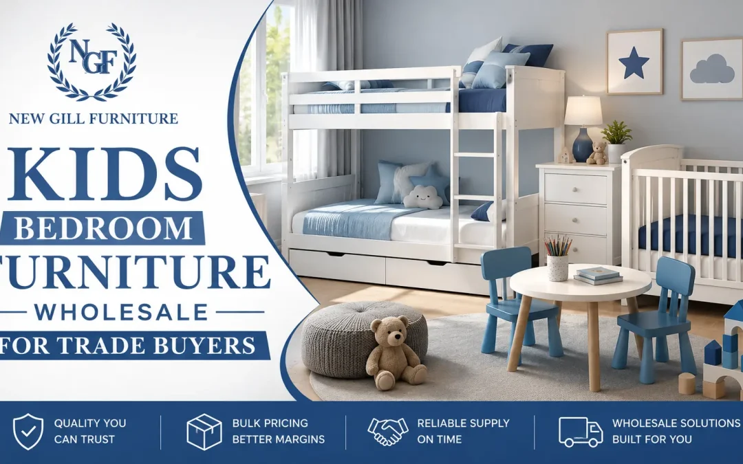 New Gill Furniture Etobicoke graphic showing a kids bedroom setup with bunk bed, crib, play table, and the text Kids Bedroom Furniture Wholesale for Trade Buyers.