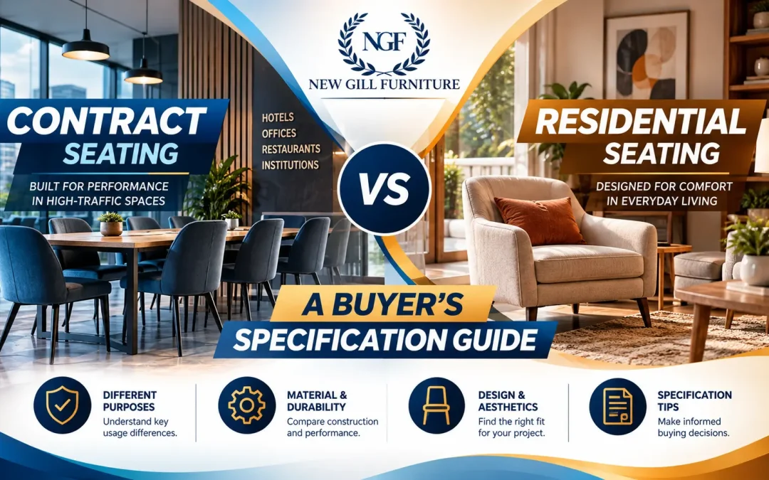 Promotional comparison graphic by New Gill Furniture Etobicoke showing contract seating versus residential seating, with a commercial dining setup on one side and a cozy living room chair on the other, under the headline “Contract Seating Versus Residential Seating: A Buyer's Specification Guide.”