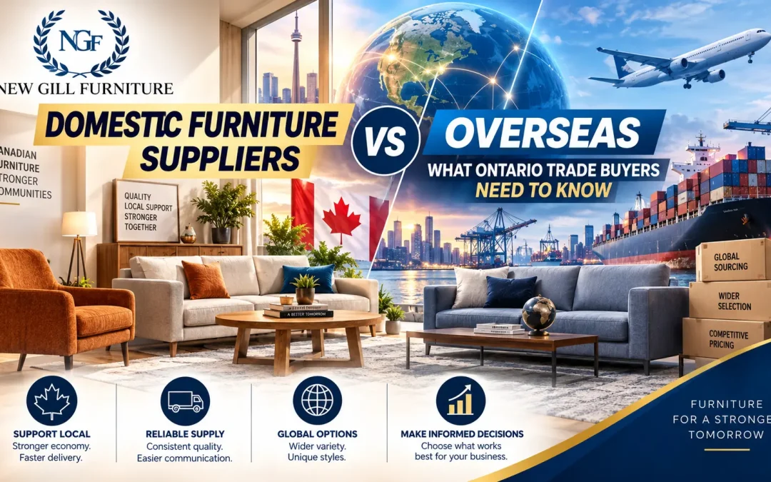 Promotional graphic by New Gill Furniture Etobicoke comparing domestic and overseas sourcing, with a living room and Canadian flag on the left, a shipping port, cargo ship, airplane, and globe on the right, titled “Domestic Furniture Suppliers vs Overseas: What Ontario Trade Buyers Need to Know.”