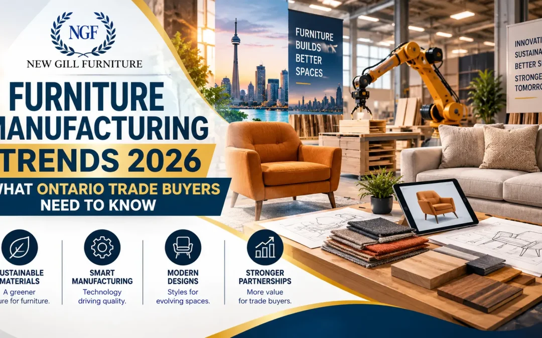 Promotional graphic by New Gill Furniture Etobicoke featuring a modern furniture showroom, factory setting, robotic arm, material samples, and the headline “Furniture Manufacturing Trends 2026: What Ontario Trade Buyers Need to Know.”