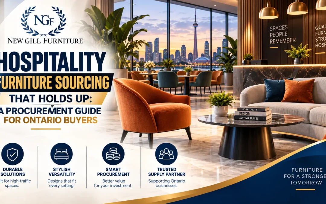 Promotional hospitality interior graphic by New Gill Furniture Etobicoke showing a stylish hotel lounge with modern seating, a reception desk, Toronto skyline view, and the headline “Hospitality Furniture Sourcing That Holds Up: A Procurement Guide for Ontario Buyers.”