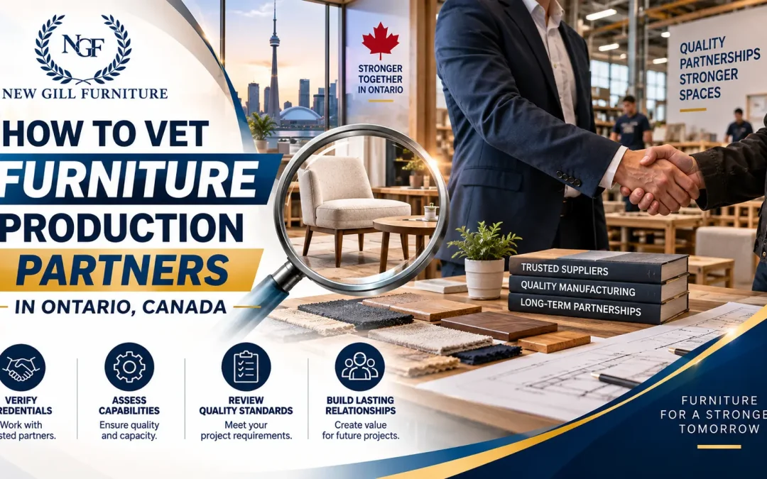 Promotional graphic by New Gill Furniture Etobicoke showing a handshake in a furniture workshop, a magnifying glass highlighting a chair, material samples, and the headline “How to Vet Furniture Production Partners in Ontario, Canada.”
