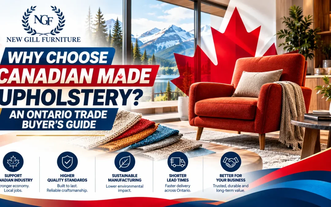 Branded promotional graphic by New Gill Furniture Etobicoke featuring a red upholstered armchair, fabric swatches, a large Canadian maple leaf, and the headline “Why Choose Canadian Made Upholstery? An Ontario Trade Buyer’s Guide.”