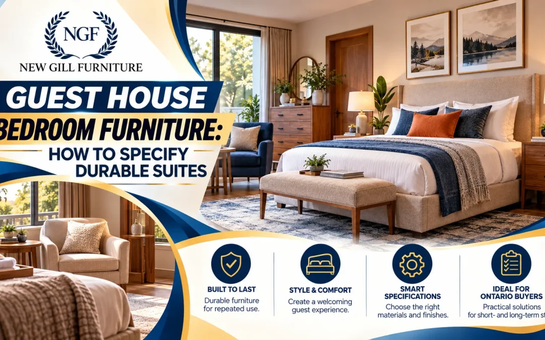 Guest House Bedroom Furniture How to Specify Durable Suites by New Gill Furniture Etobicoke, featuring an upholstered bed, wooden nightstands, dresser, and comfortable guest seating.