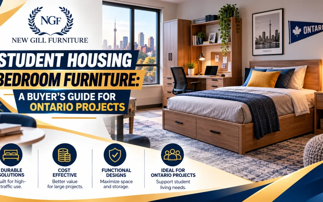 Student Housing Bedroom Furniture: A Buyer's Guide for Ontario Projects by New Gill Furniture Etobicoke, featuring a wooden storage bed, study desk, wardrobe, and functional student bedroom furnishings.